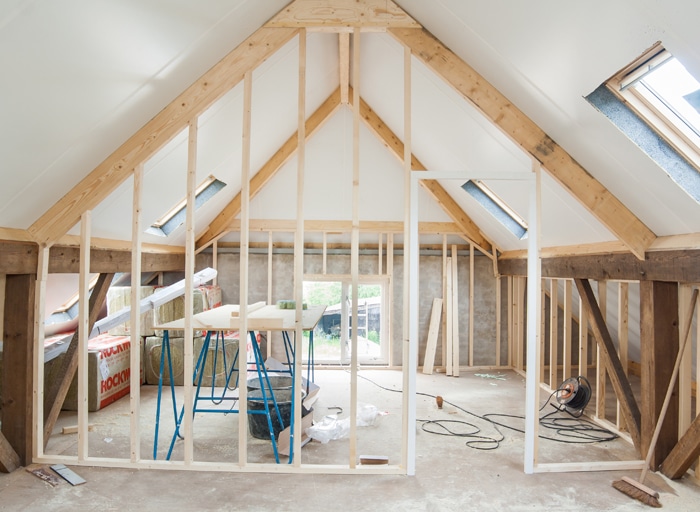 Interior of an attic under remodel.